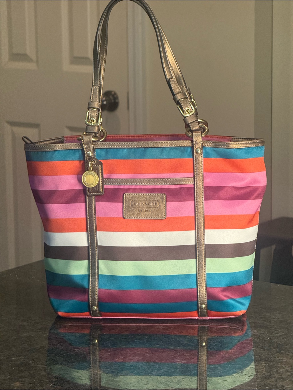 Coach Small Legacy Stripe Tote With Metallic Bronze Trim